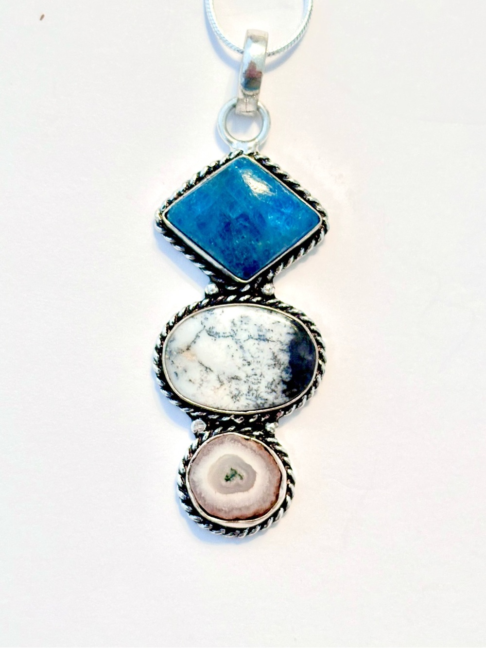 2 inch, Dendritic Opal, Blue Apatite and Solar Quartz pendant on silver chain .